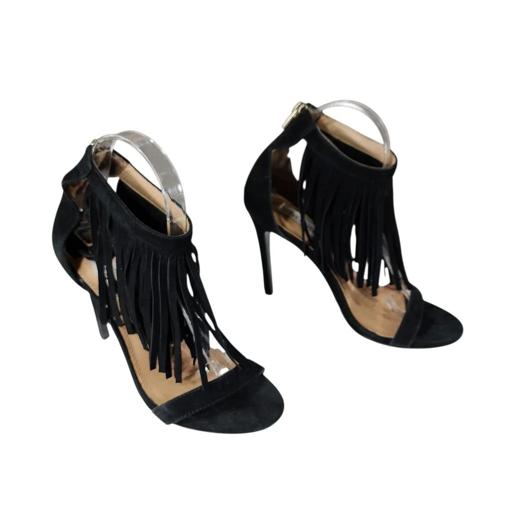 Steve Madden Fringe Stiletto Heel 7.5M Women Staarz Black Suede Ankle Strap Zip‎